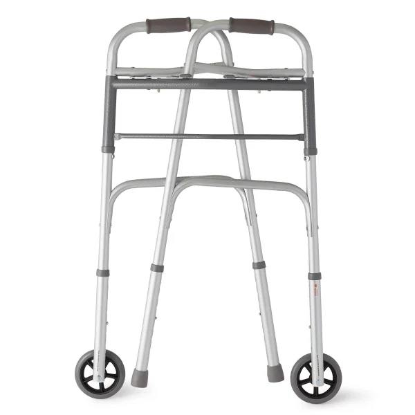 Medline 2-Button Folding Walker w 5in Wheels