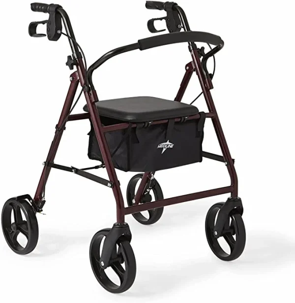 Medline Standard Adult Steel Folding Rollator Walker Aid with 8 Inch Wheels